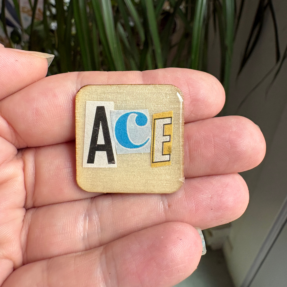 Small square pin with 'ACE' letters held in a hand with a plant in the background