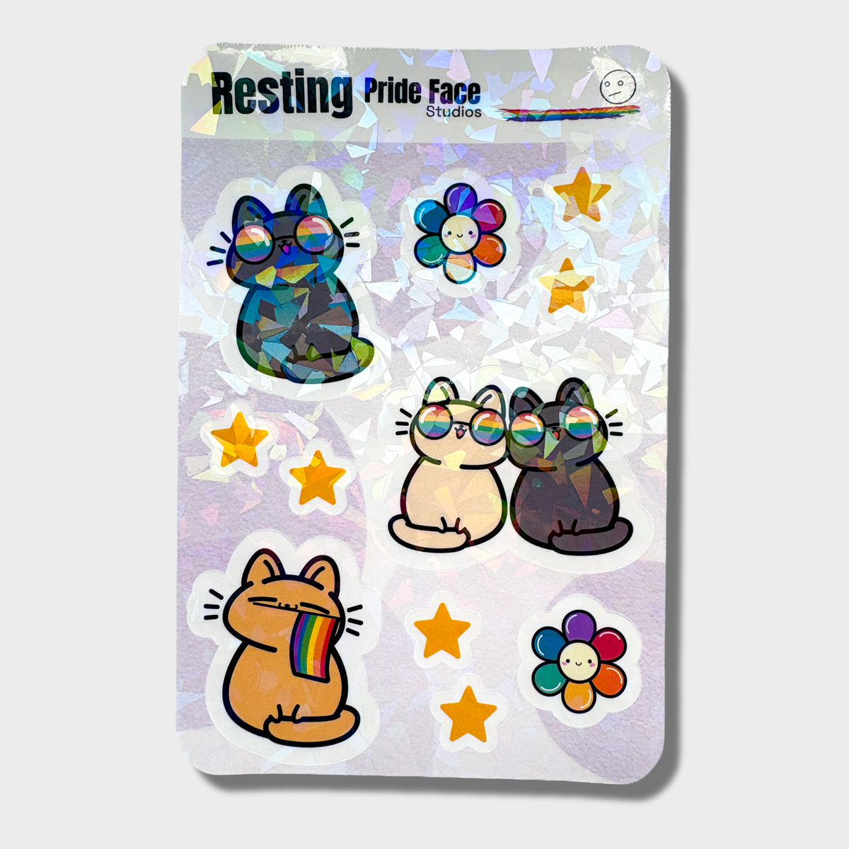 Pack of stickers with colorful cat designs and rainbow elements on a white background