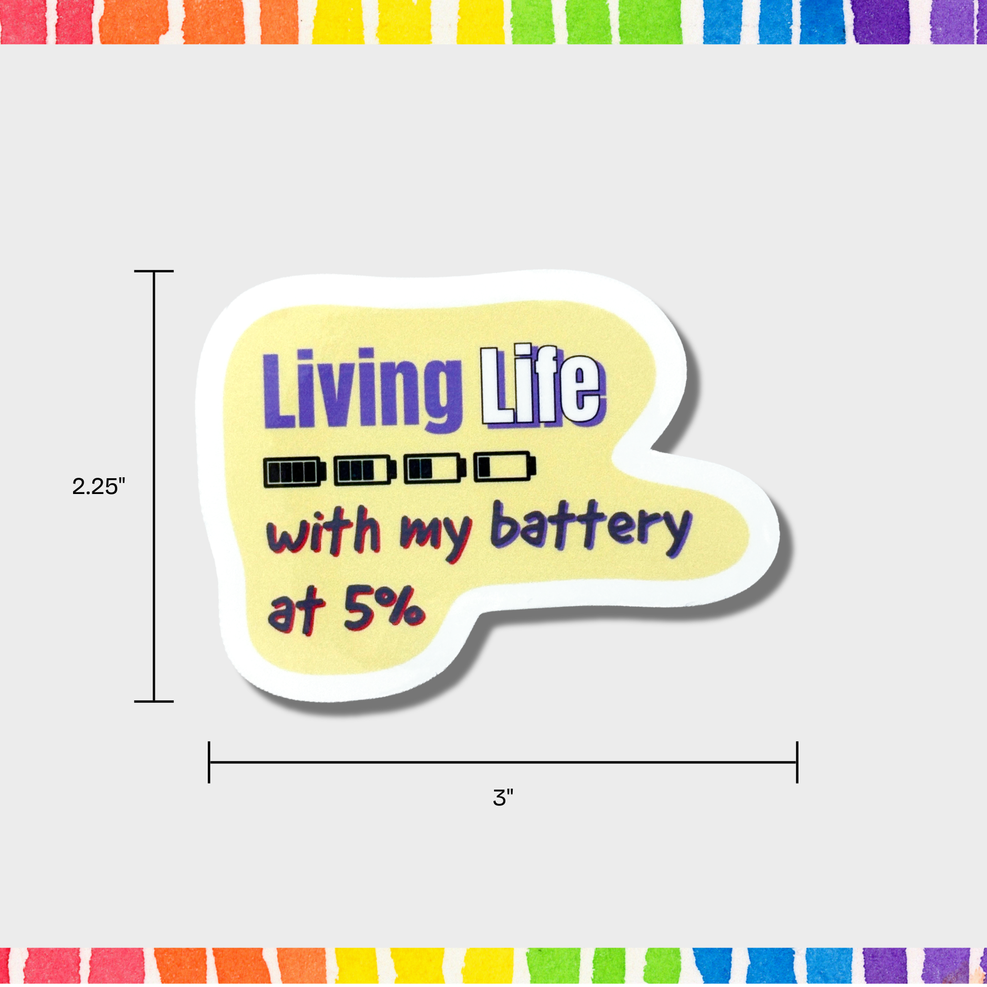 Sticker with 'Living Life with my battery at 5%' text on a white background with colorful border with measurements of 2.25"x3".