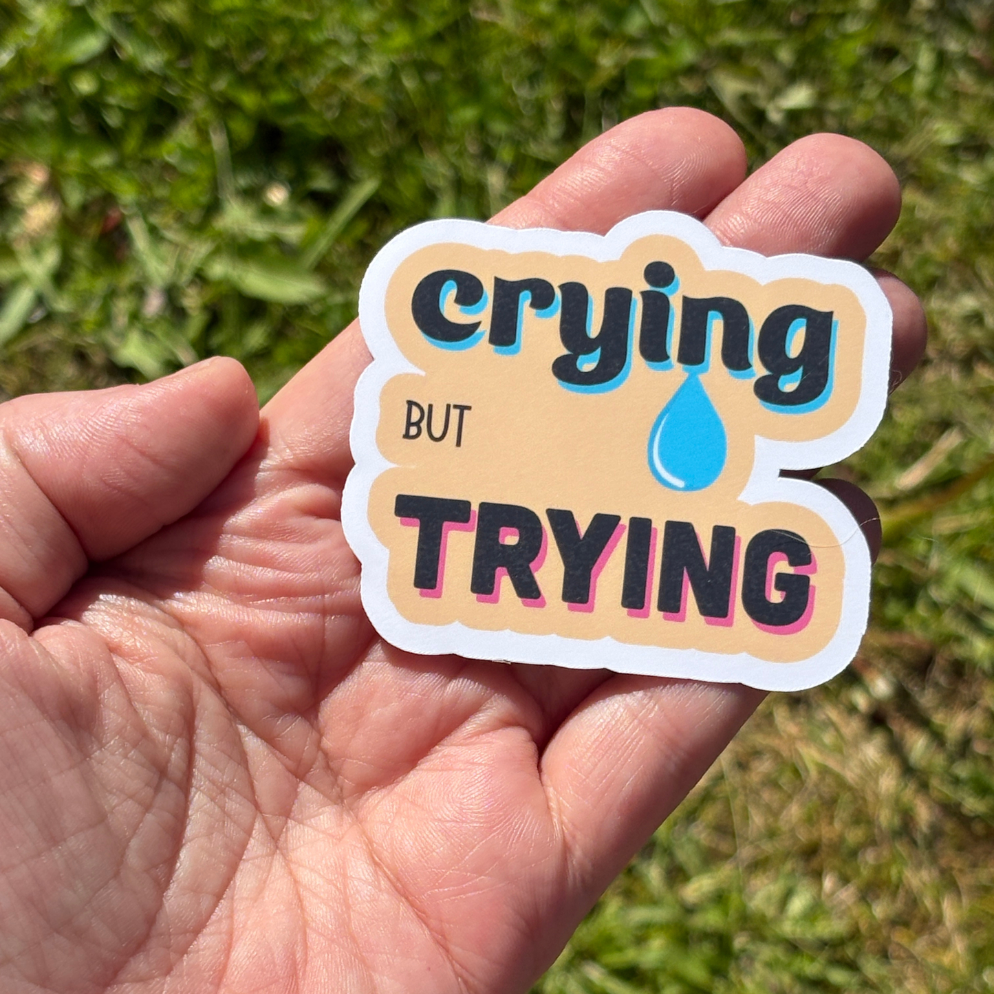 Hand holding a sticker with 'crying but trying' text against a grassy background