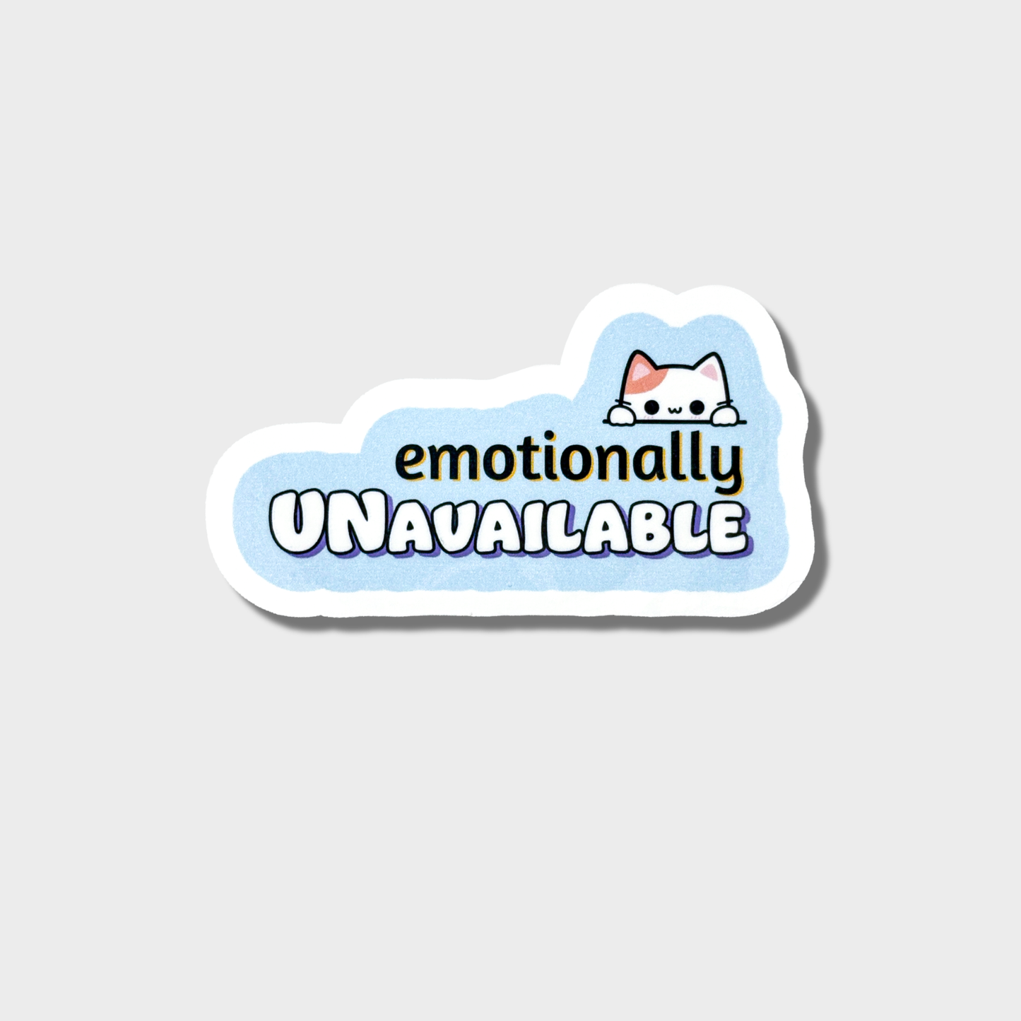 Sticker with 'emotionally UNAVAILABLE' text and a cat icon on a light gray background
