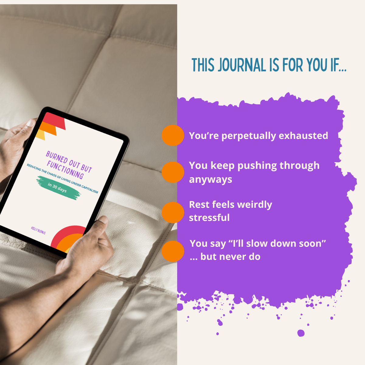 Person using a tablet with a journal app on a bed, accompanied by text about burnout.