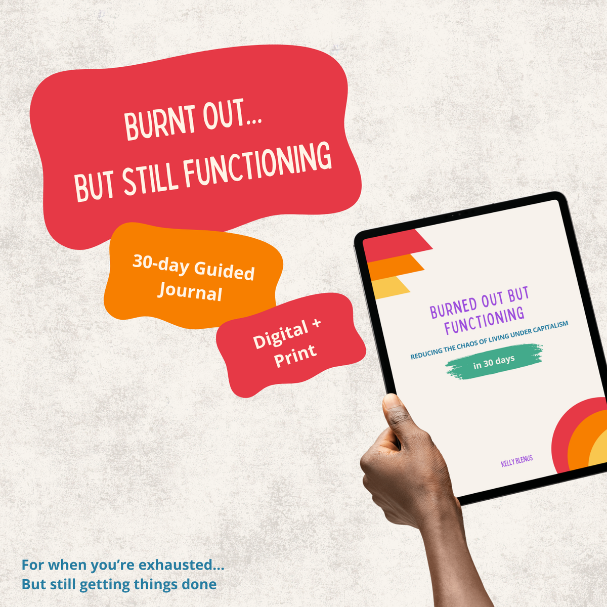 Hand holding a tablet with a 30-day guided journal app on a light gray background
