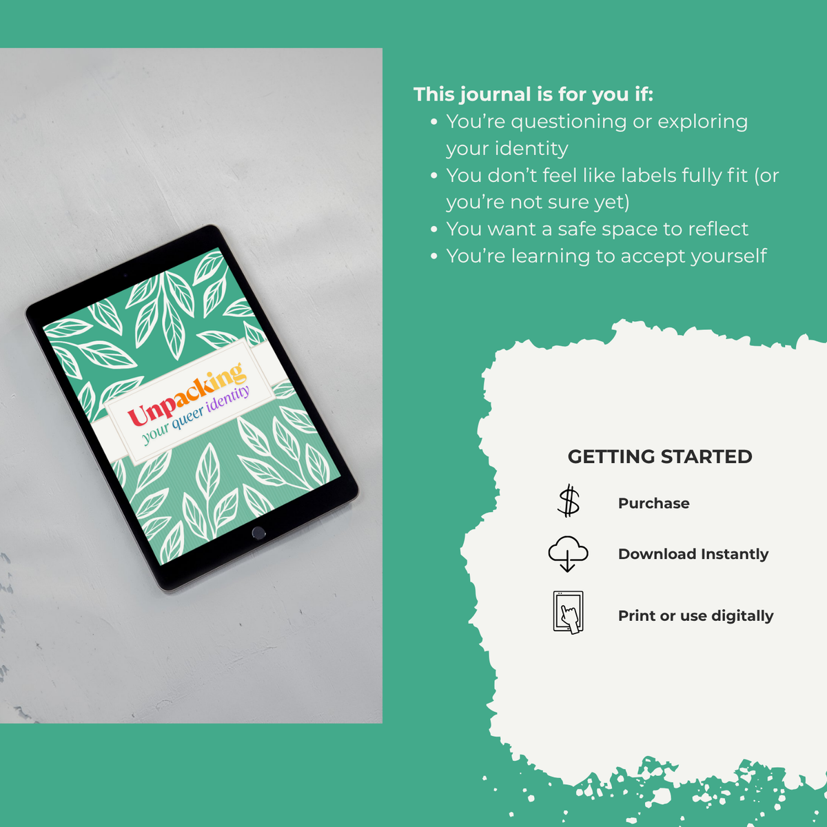 Digital journal app on a tablet with text about exploring identity and acceptance.