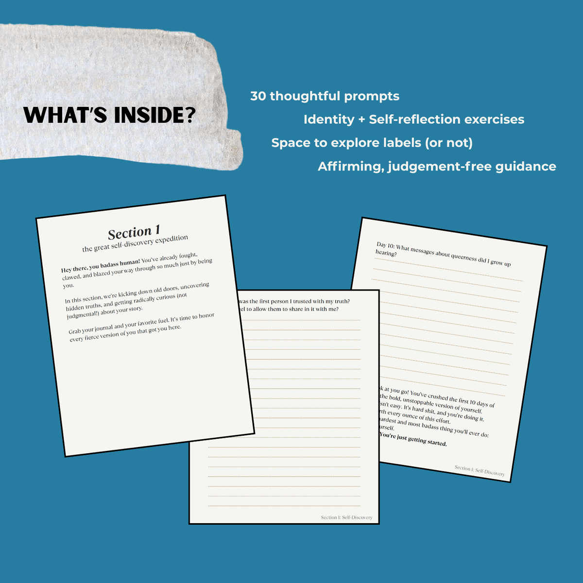 Pages from a self-reflection workbook with text on a blue background