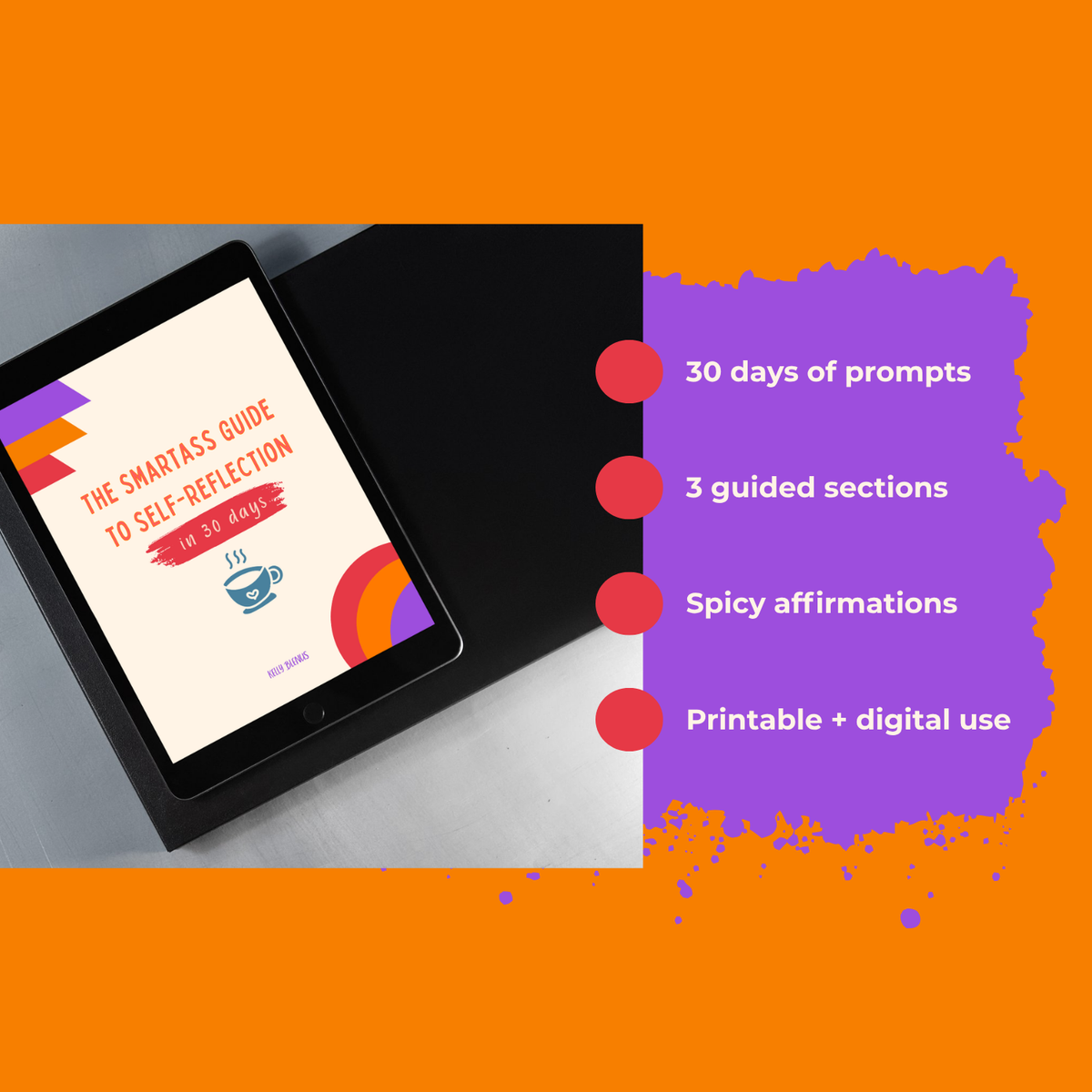 Tablet displaying a self-reflection guide with promotional text on an orange background