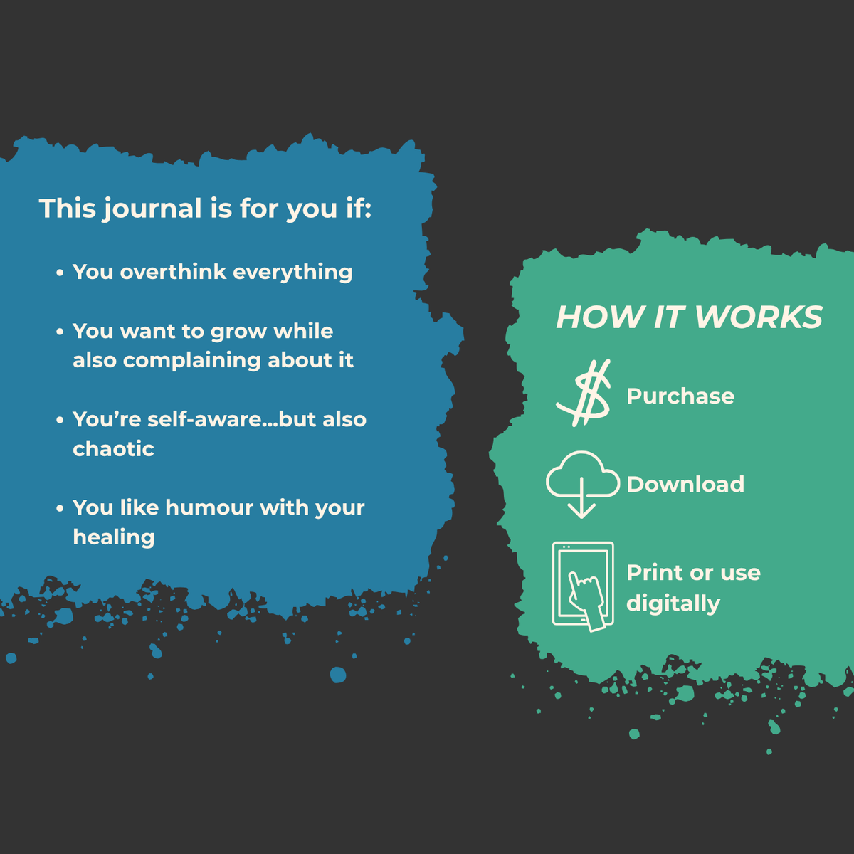 Promotional graphic for a journal with text and icons on a black background