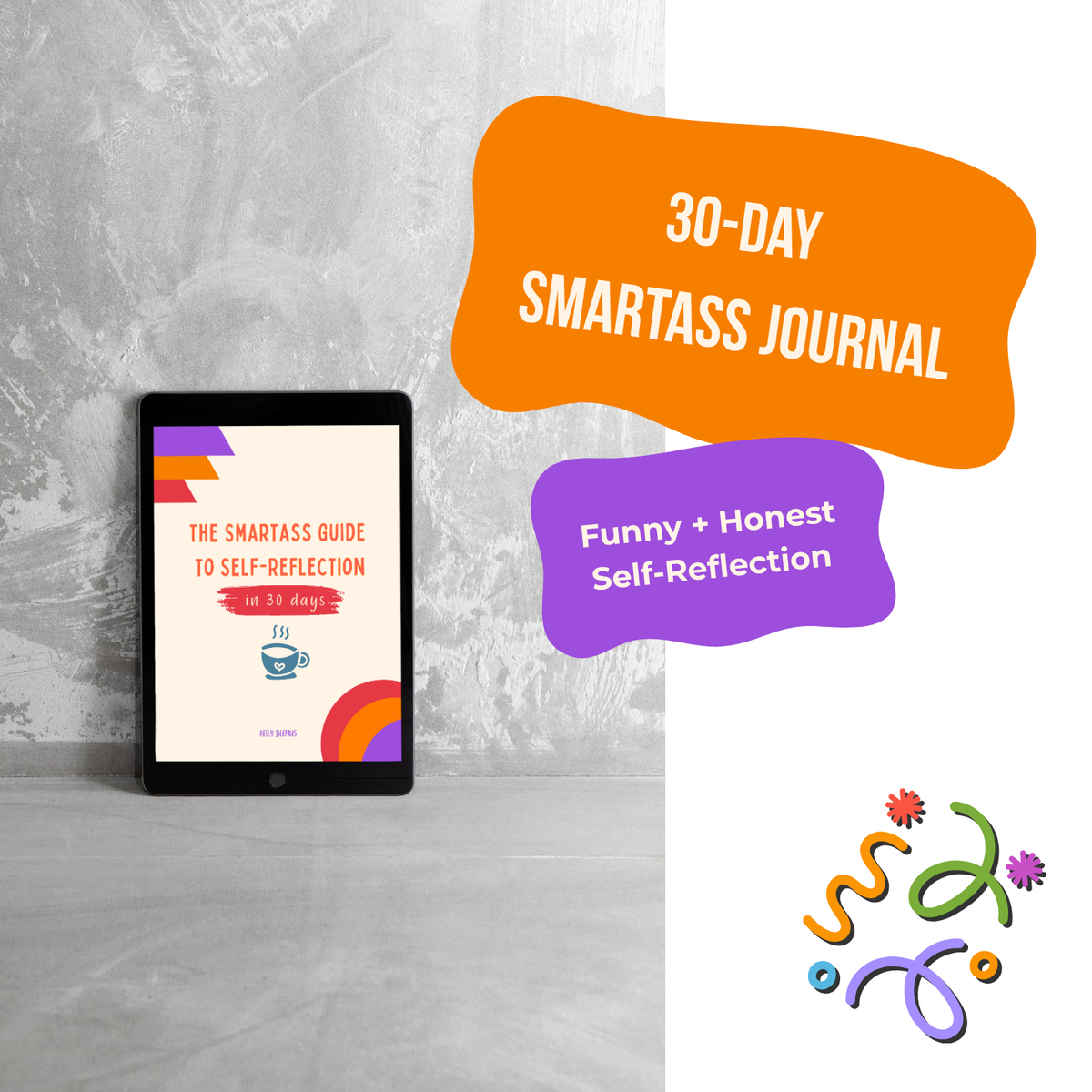 Tablet displaying a 30-Day Smartass Journal with promotional text on a gray background
