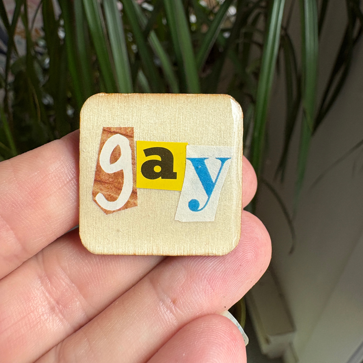 Wooden square pin with colorful letters spelling 'gay' held in a hand with a plant in the background