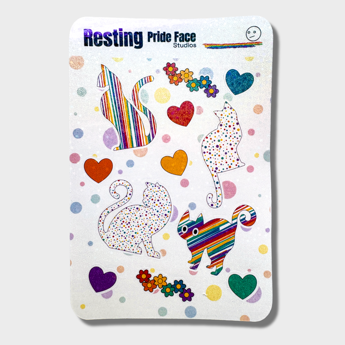Sticker sheet with colorful cat illustrations and 'Resting Pride Face Studios' branding on a white background.
